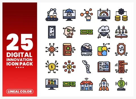 Digital innovation icon pack featuring technology and AI concepts on a whit.. Illustrazione stock