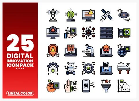 Digital innovation icon pack featuring technology and data concepts on white Stock Illustration