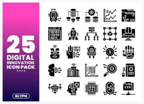 Digital Innovation Icon Pack with glyphs. tech symbols and data visualization Illustrazione stock