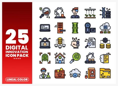 Digital innovation icon pack with lineal color graphics. business technolog.. 库存插图
