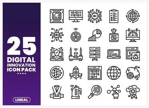 Digital innovation icon pack with technology and AI symbols on a clean back.. 库存插图