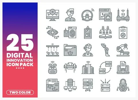 Digital Innovation Icon Pack. two-color flat line icons on white background Illustrazione stock