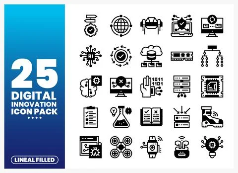 Digital innovation icon set on a blue gradient background with items. イラスト素材