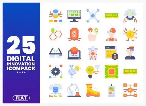 Digital innovation icons in flat style. showing technology concepts in a gr.. Stock Illustration