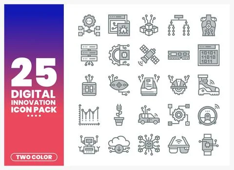 Digital innovation icons in a grid pattern on a white background. Stock Illustration