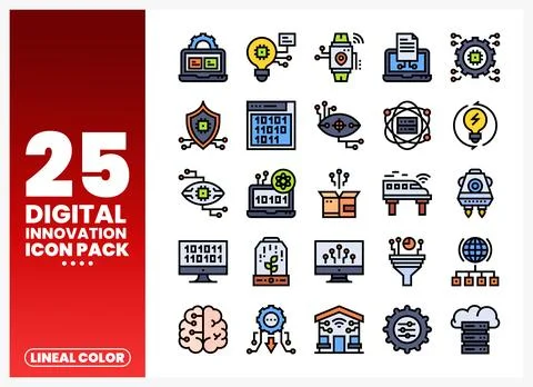 Digital Innovation Icons Pack with Computer. Binary Code. Brain. Gear イラスト素材