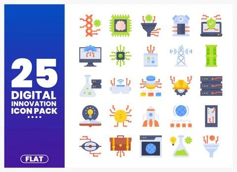 Digital Innovation Icons Pack with Flat Design Style Stock Illustration