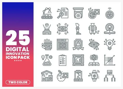 Digital innovation icons pack. two-color line art on a gradient background... Stock Illustration