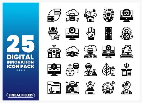 Digital innovation icons set. representing technology and data on a blue gr.. Illustrazione stock