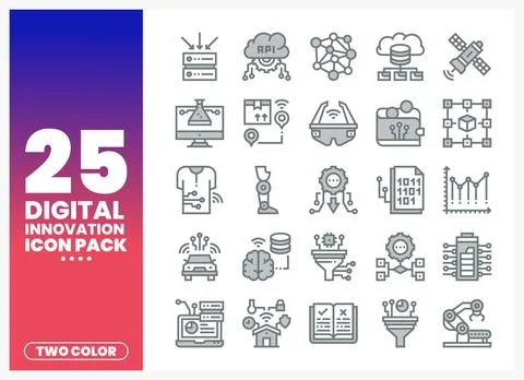 Digital innovation icons set with technology symbols on white background. Stock Illustration