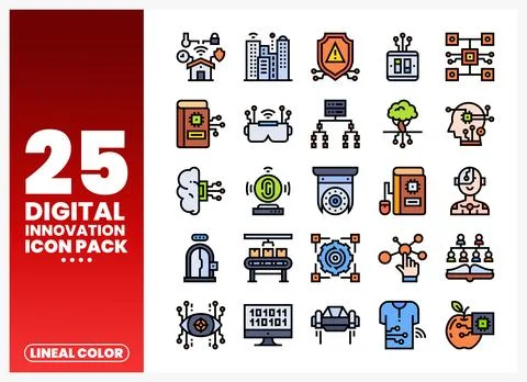 Digital innovation icons on a white background with red gradient イラスト素材