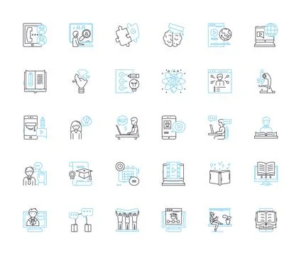 Digital instruction linear icons set. E-learning, Virtual, Online, Multimedia Illustrazione stock