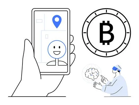 Digital Integration Video Call, Bitcoin Cryptocurrency, and AR Medical Tech.. Illustrazione stock