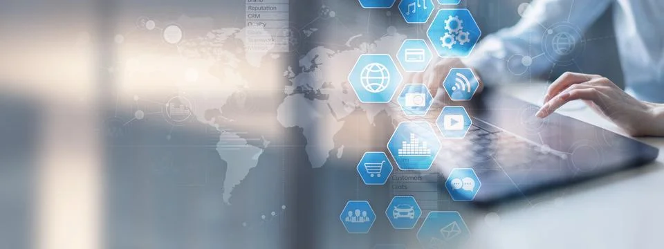 Digital Interaction and Data Visualization for Business Insights on a Wide .. Stock Photos