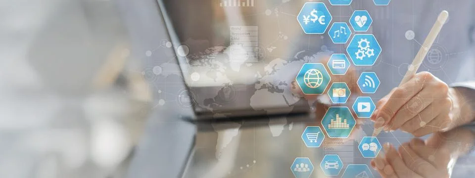 Digital Interaction and Data Visualization for Business Insights on a Wide Ba Stock Photos