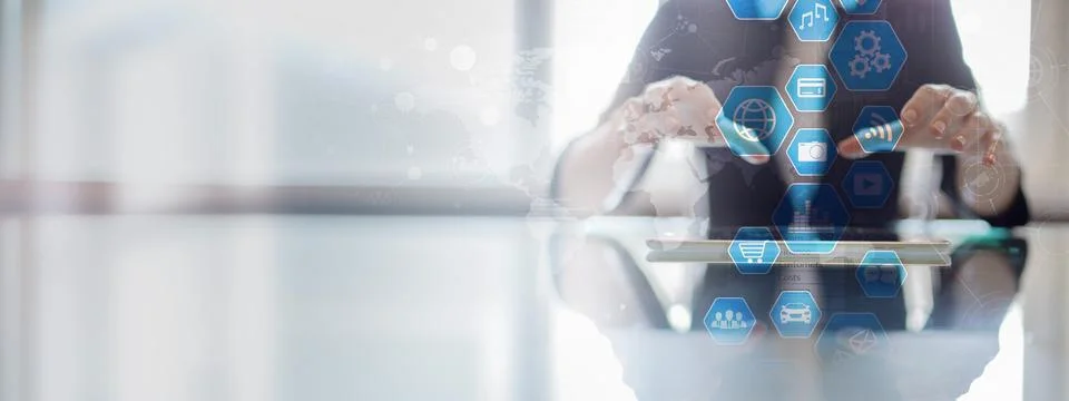 Digital Interaction and Data Visualization for Business Insights on a Wide Ba Foto stock