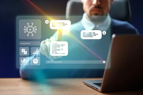 Digital interaction with programming interface in modern workspace during 库存照片