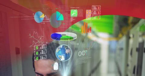 Digital interface against caucasian man working in server room against red Foto stock