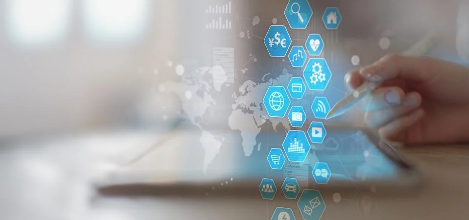 Digital Interface and Application Icons on a Touchscreen Tablet. Stock Photos