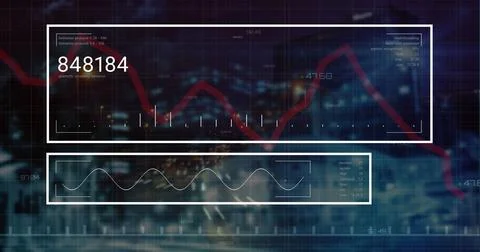 A digital interface and data processing concept, with image of financial data Illustrazione stock