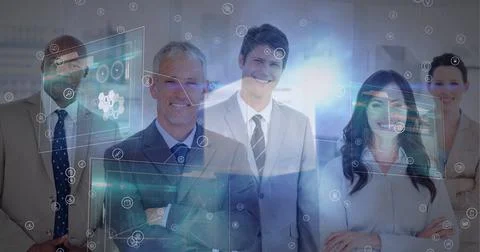 Digital interface and network of connections against portrait of business people Foto stock