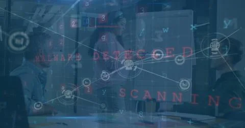 A digital interface and network of connections over a hacker 写真素材
