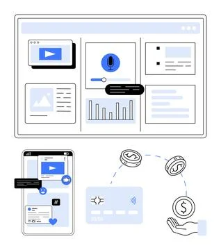 Digital Interface and Online Transactions with Mobile and Web Applications Stock Illustration