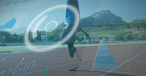 Digital interface animation over athlete running on track with prosthetic leg Stock Footage 305222381