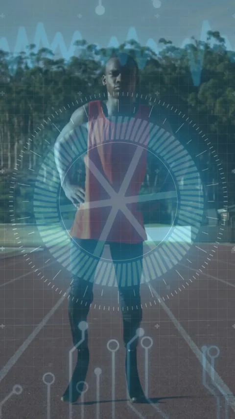 Digital interface animation over athlete standing on running track Stock Footage 343643736