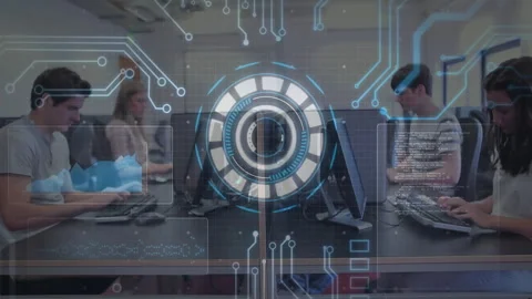 Digital interface animation over students working on computers in classroom 库存影片 303615533