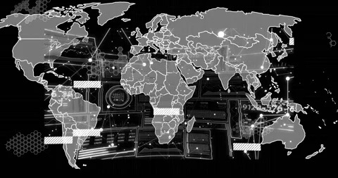 Digital interface with animation overlaying world map, processing data elements Stock Footage 305010572