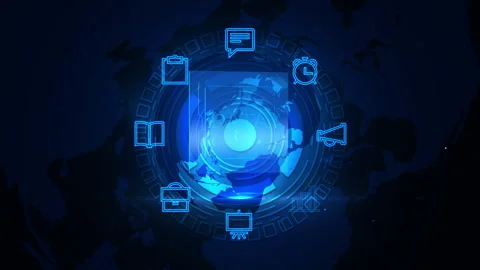 Digital Interface with Blue Global Map and Technology Icons Circle 스톡 동영상 339113332