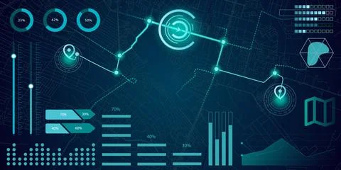 Digital interface in blue tones with tracking path, glowing metrics, bars and Stock Illustration