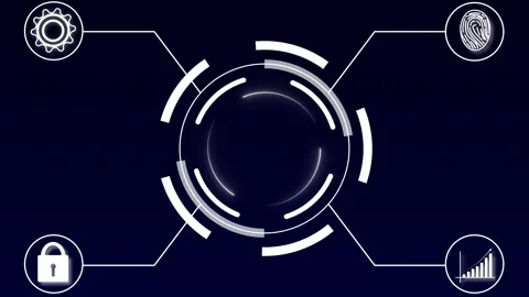 Digital interface with central hub and icons for security, data, and biomet.. Stock Footage 340998079