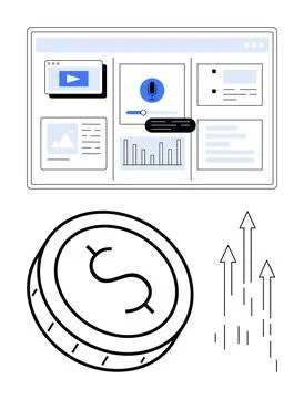 Digital interface with charts, media icons, and data visualizations, coin sym Stock Illustration