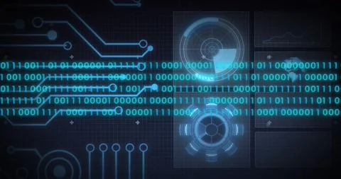 Digital interface column starting binary sweep left traces glowing HUD rings Stock Footage 329575414