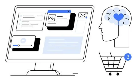 Digital Interface on Computer Screen with Shopping Cart Icon and Human Brai.. 스톡 일러스트