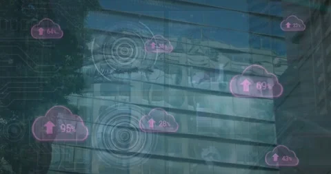 Digital interface concept processes global data via cityscapes in finance tech Stock Footage 330659580