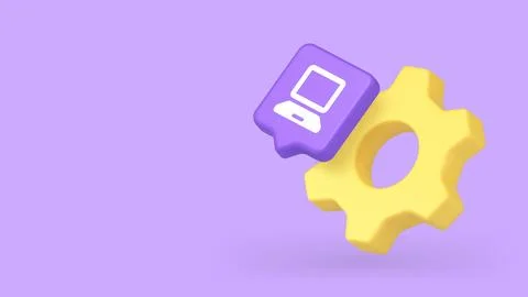 Digital interface concept with yellow gear and a computer icon, representing  스톡 일러스트