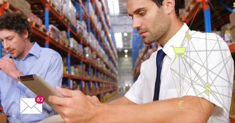 Digital interface connects two men counting stock in a global business network. Stock Photos