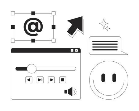 Digital interface controls and emoji 2D line objects set Illustrazione stock