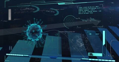 Digital interface with covid-19 cell and statistical data processing against Stockillustratie