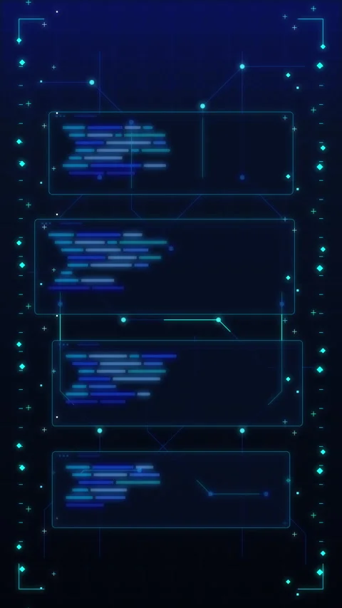 Digital interface data panels with neon code stream, cyber network lines an.. Stock Footage 348330269