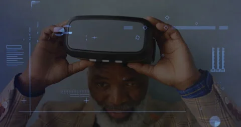 Digital interface with data processing against african american senior man Video stock 152703496