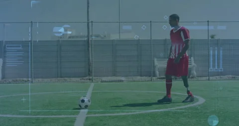 Digital interface with data processing against male soccer player with 스톡 동영상 153287212