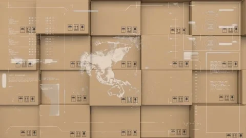 Digital interface with data processing against stack of delivery boxes in Stock Footage 157639826