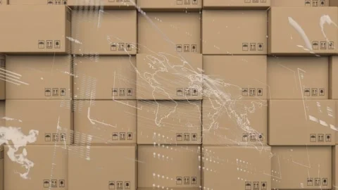 Digital interface with data processing against stack of delivery boxes in Stock Footage 157639842