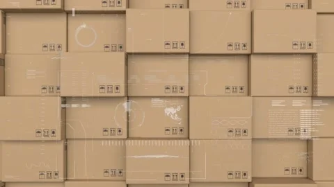 Digital interface with data processing against stack of delivery boxes in Stock Footage 157639884