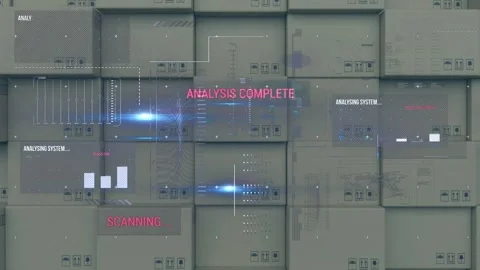 Digital interface with data processing against stack of delivery boxes in Stock Footage 157674608