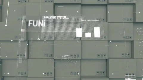 Digital interface with data processing against stack of delivery boxes in Stock Footage 157674734